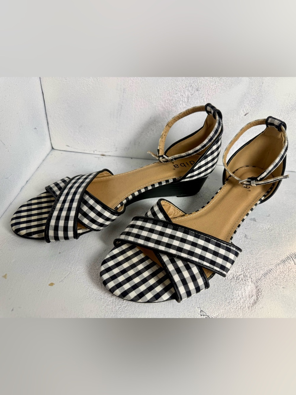Diba Black & White Gingham Wedge Sandals
